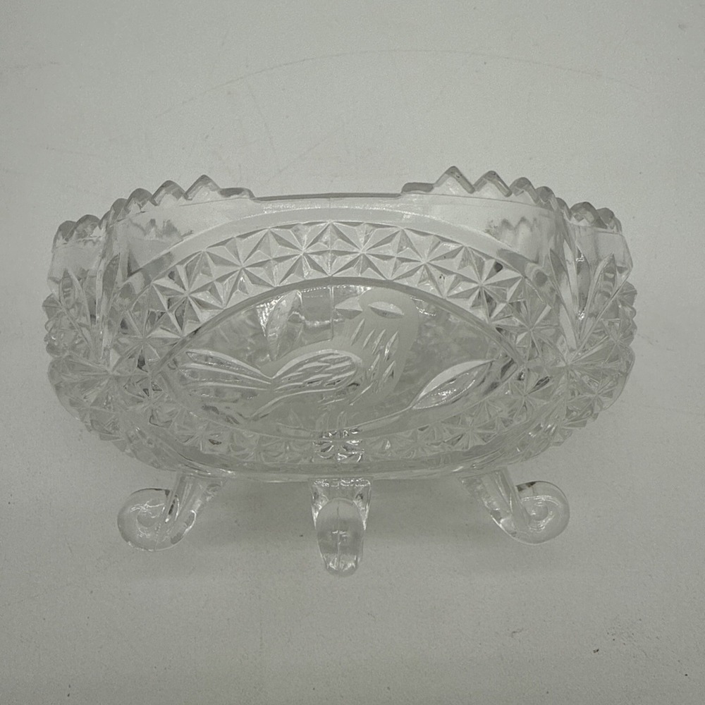 Hofbauer Byrdes Clear Crystal 4.5" Oval Bowl Bird Bump Sawtooth Edge